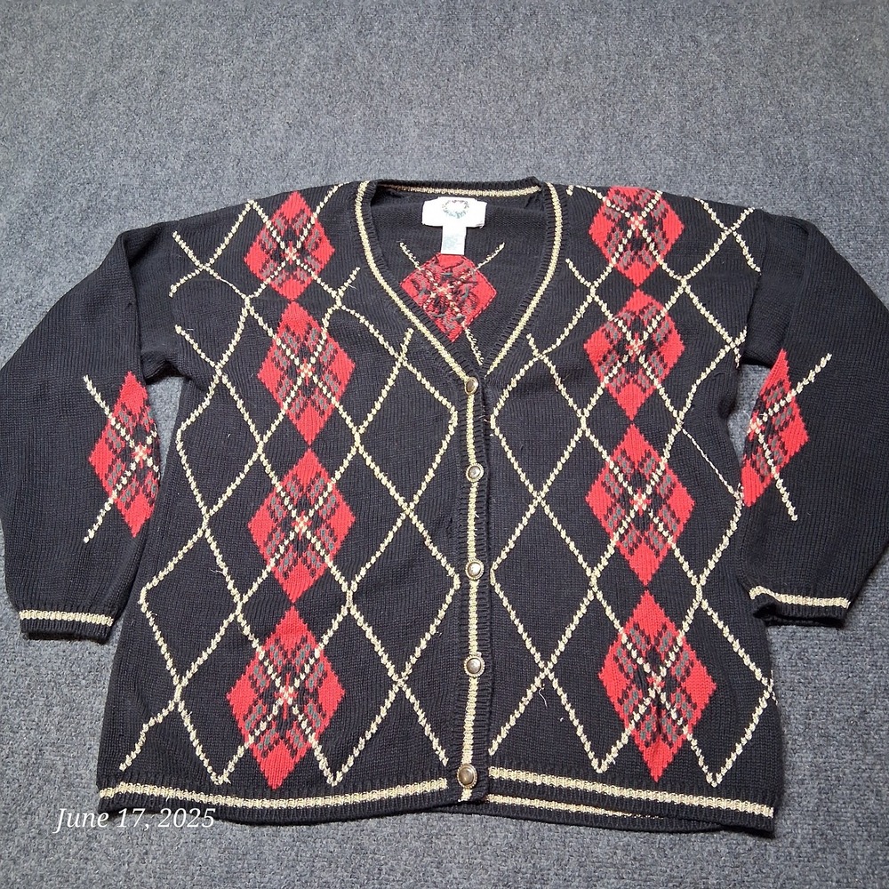 VTG Christopher & Banks Christmas Cardigan Sweater‎ Size Medium Blac& Red